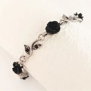 Black Rose & Black Crystal Antique Silver Toned Bracelet